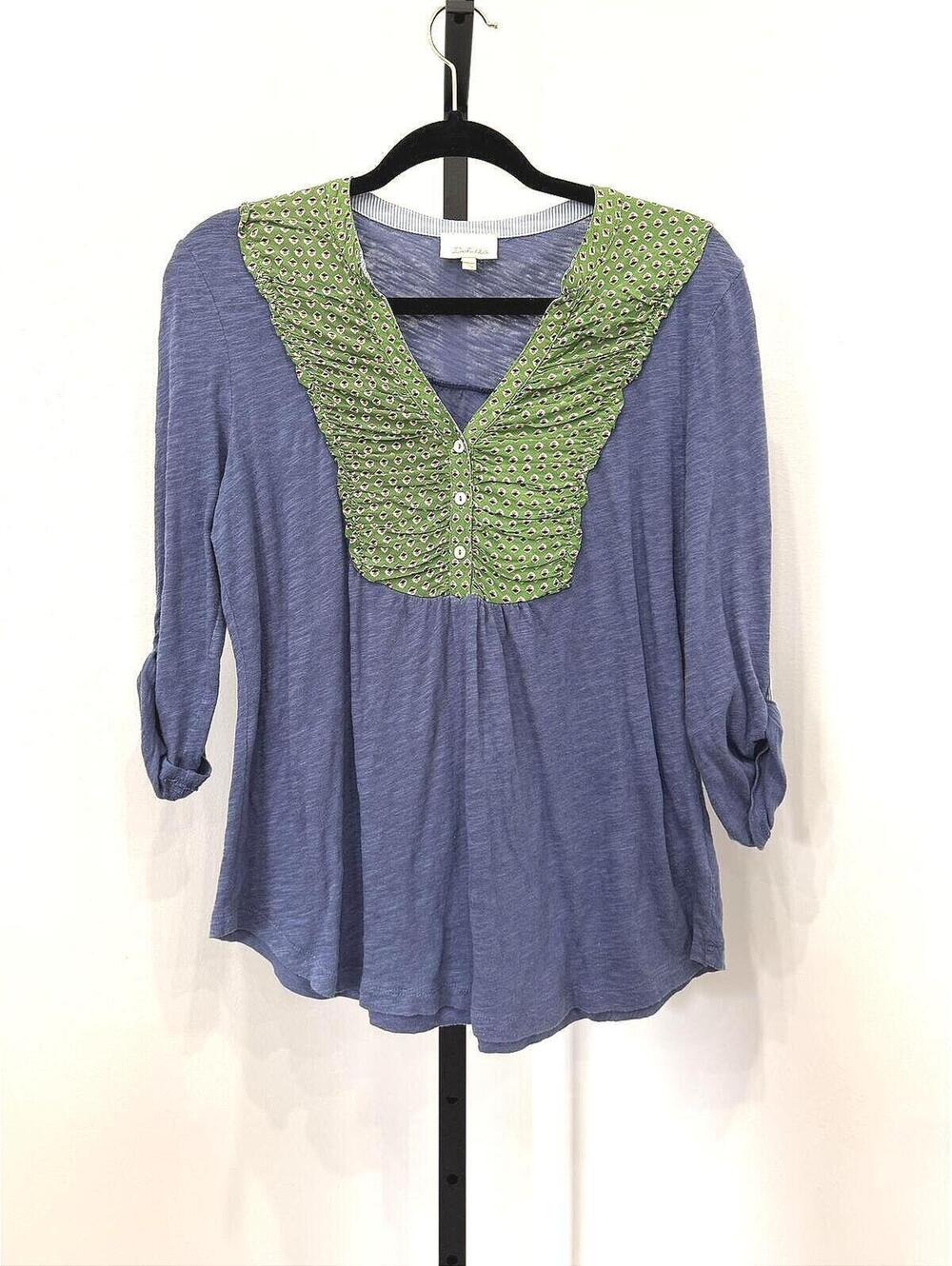 Deletta Women's Blue 3/4 Sleeve Top with Green Trim Size S